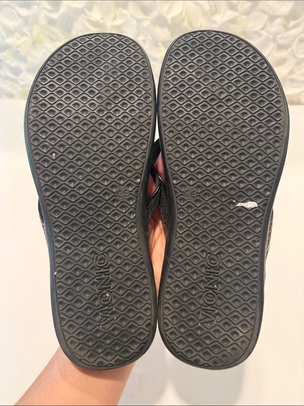 Vionic Black Sequin Strap Flip Flops with Iridescent Shine